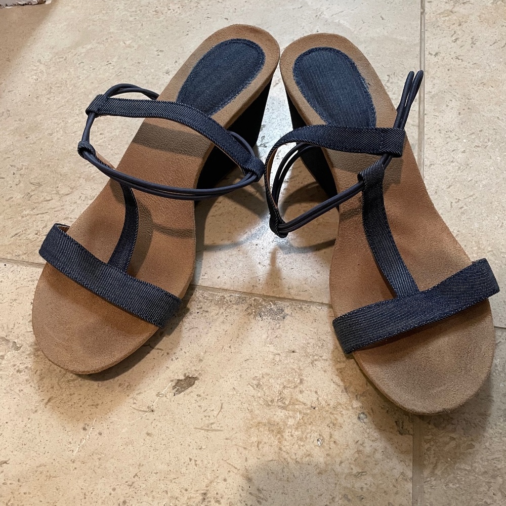 3” jean T-strap wedges